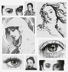 some black and white images with different faces on them, including one woman's face