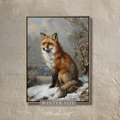 a painting of a fox sitting in the snow