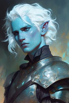 a painting of a man with white hair and blue eyes wearing a silver armor, looking to the side