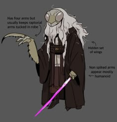 a cartoon character with long white hair holding a purple light saber and pointing to the side