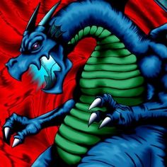 a blue and green dragon with horns on it's head is standing in front of a red background