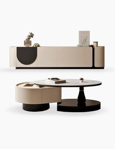 the modern coffee table is made from wood and has an oval shaped base with black accents