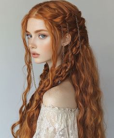 Goddess Braids Red Hair, Braiding Long Hair, Ethereal Aesthetic Hair, Bridgestone Hairstyles, Dark Fantasy Hairstyles, Pale Ginger Hair, Braid Over Shoulder, Noble Hairstyles, Red Hair Styles Hairstyles