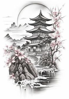 Chinese Temple Tattoo Design, Temple Tattoo Design, Japan Style Tattoo, Sleeve Tattoos For Women Unique, Popular Tattoos For Women, Pagoda Tattoo, Japanese Temple Tattoo, Tattoo Artistic, Blossom Tree Tattoo