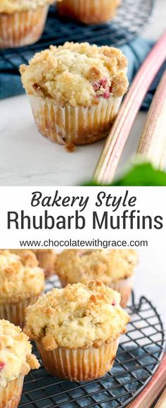 baked muffins on a cooling rack with chopsticks in the background and text overlay that reads, bakery style rhubarb muffins