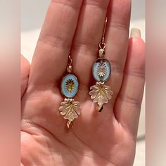 New Gorgeous Fall Turquoise Blue Antiqued Czech Glass & And Maple Leaf Earrings With Gold Plated Lever Back Hooks. Earrings Are 2 1/8 Inches Long. Czech Beads Jewelry, Czech Glass Jewelry, Beaded Earring, Earrings Inspiration, Themed Jewelry, Czech Beads, Leaf Earrings, Diy Earrings, Long Earrings