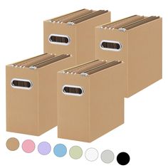 four brown file folders with handles on each side and six different colors in the middle