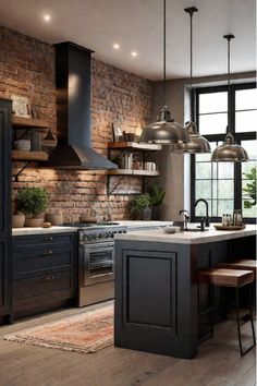 A mid-century modern kitchen with wood veneer cabinets and bold accent colors Brick Industrial Kitchen, New Kitchen Old House, Old Chicago Brick Backsplash, Industrial Kitchens With Islands, Black Cabinets Brick Backsplash, Old German Houses Interior, Black And Brick Kitchen, Wood And Brick Kitchen, Kitchens With Exposed Brick