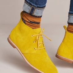 Cow Suede Upper Leather Lining Lace-Up This Shoe Will Fit A Size 10. Runs Big Suede Boots With Rubber Sole For Spring, Yellow Leather Shoes With Suede Lining, Casual Yellow Boots With Pointed Toe, Casual Yellow Pointed Toe Boots, Yellow Leather Boots With Snip Toe, Mustard Leather Lace-up Sneakers, Yellow Boots Free People, Yellow Leather Slip-on Heels, Green Suede Shoes