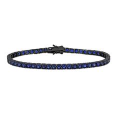 Timeless and bold, this men's blue lab-created sapphire tennis bracelet will complement your unique style for many years to come. Fashioned in sterling silver with black rhodium plate 4.0mm bright blue lab-created sapphires glisten in an endless row. This 9.0-inch bracelet secures with a box clasp.