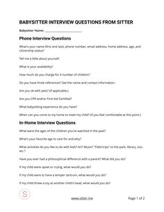 the babysitter interview question sheet is shown in black and white, with an image of