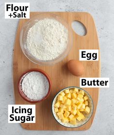 ingredients to make an egg, butter and flour recipe on a cutting board with text