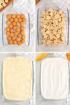 four images showing the steps to make banana pudding in a glass dish, including bananas and cream cheese