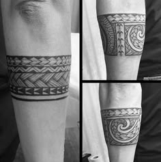 four different views of a man's arm with tattoos on it