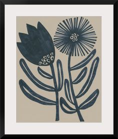 two blue flowers on a beige background in a black and white framed art print,