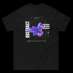 a black t - shirt with an image of a purple flower on it