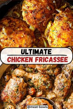 the ultimate chicken fricase recipe in a skillet with text overlay that reads, ultimate chicken fricase