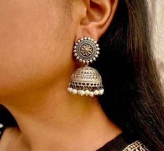 Premium quality Step out in style with this beautiful oxidised silver plated earrings, which have been given a drop designer dangler perfectly designed. It will add bling to your look. This earring will go well with any of your ethnic outfits. Cheap Metal Jhumkas For Festivals, Small Indian Earrings, Affordable Festive Jhumkas, Luxury Silver Bollywood Style Jhumkas, Small Oxidised Jhumka, Small Oxidised Earrings, Elegant Silver Danglers For Navratri, Elegant Silver Metal Jhumkas, Silver Dual-tone Earrings For Navratri