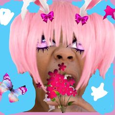 a woman with pink hair holding flowers in front of her face and butterflies around her eyes