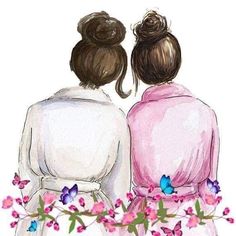 two women in pink dresses sitting next to each other with flowers on their backs and the words, i love you