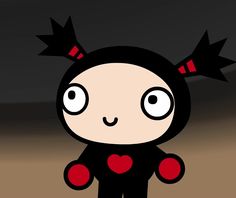 a cartoon character with black hair and red eyes is standing in the middle of a dark room