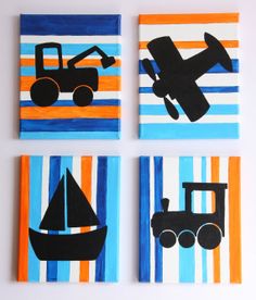 four painted canvass with black and orange stripes on them, each depicting different types of transportation