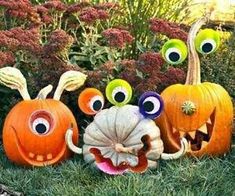 three pumpkins with googly eyes are in the grass