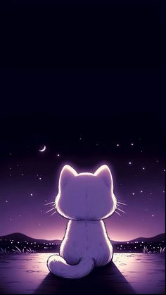 a cat sitting on the ground at night with stars and moon in the sky behind it