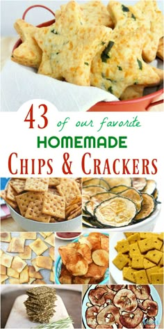 homemade chips and crackers collage with the words, 43 of our favorite homemade chips and crackers