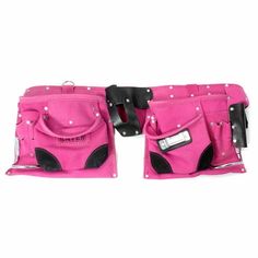 two pink purses with black straps and silver buckles on each side, one has a cell phone in the pocket