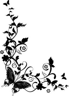 a black and white image of flowers with butterflies flying around the flower stems, on a white background