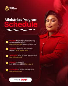 a woman in red is standing with her arms crossed and the words, ministers program schedule