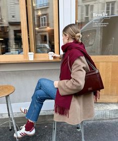 50 Trendy Cherry Red Outfits To Rock Right Now - Styleoholic Winter Effortless Outfits, Adidas Samba Office Outfit, Sporty And Rich Samba Outfit, Adidas Samba Sporty And Rich Outfit, Red Adidas Samba Outfit, Burgundy Samba Outfit, Adidas Samba Red Outfit, Burgundy Winter Outfits, Adidas Samba Sporty And Rich