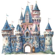 a watercolor drawing of a castle with turrets and flags on it's roof