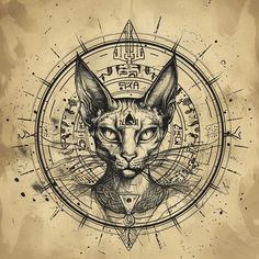 a drawing of a cat's head with an astrological wheel in the background