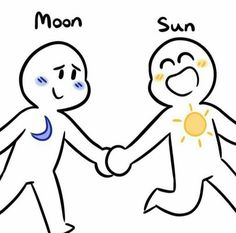 two people holding hands with the words moon and sun in front of them, one person is