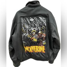 a black leather jacket with wolverine on it