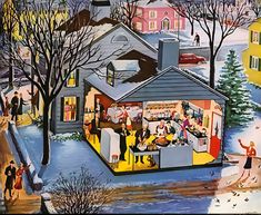 an image of a house that is in the snow with people outside and on it