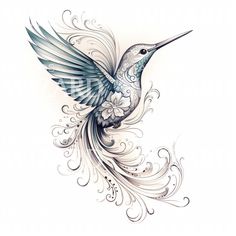 a hummingbird flying through the air with swirls on it's back and wings