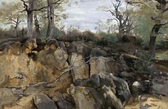 a painting of rocks and trees in the woods