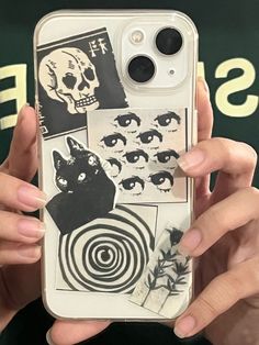 a person holding up a phone case with stickers on it's back and various images