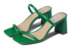 Steve Madden Lilah Sandal - Women's Shoes : Green : Be on-trend with the Steve Madden Lilah Sandal. Slip-on styling with straps at the toes and vamp of the foot. Square, open-toe design. Synthetic upper. Lining, insole, and outsole made of leather material. Flared, block heel. Made in Brazil. Measurements: Heel Height: 2 3 4 in Weight: 8 oz Product measurements were taken using size 8, width M. Please note that measurements may vary by size. Green Open Toe Sandals With Sculpted Heel, Green Sandals With Sculpted Block Heel, Trendy Block Heel Sandals With Cushioned Footbed, Synthetic Single Toe Strap Heels With Stacked Heel, Adjustable Open Toe Heels With Padded Heel, Trendy Open Toe Sandals With Heel Strap, Modern Green Block Heel Sandals, Synthetic Sandals With Sculpted Heel And Single Toe Strap, Trendy Medium Width Sandals With Heel Strap