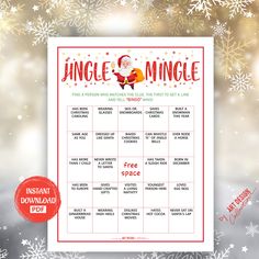 a printable christmas party game with santa clause and snowflakes in the background