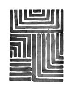 an abstract black and white painting with lines in the shape of rectangles on paper