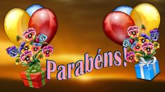 the words parabens are surrounded by balloons and flowers with presents in front of them