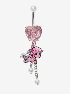 a pink heart shaped belly ring with pearls on the end and a chain attached to it