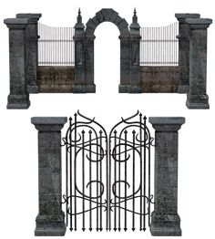 an old iron gate with two gates on each side and another one in the middle