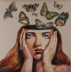 a painting of a woman with butterflies on her head and hands to her face, surrounded by butterflies