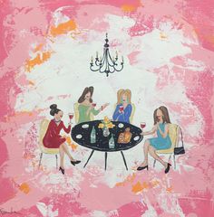 a painting of three women sitting at a table with drinks in front of a chandelier