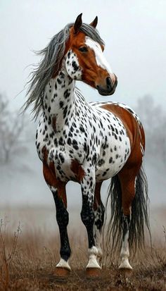 a brown and white horse standing on top of a dry grass field